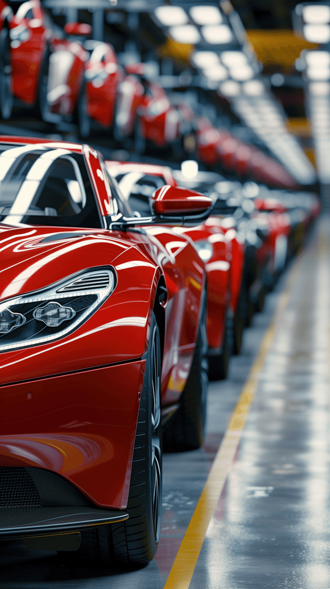 Linha de produção automotiva com camada digital de dados sobreposta, representando a integração entre operação física e arquitetura orientada por IA.